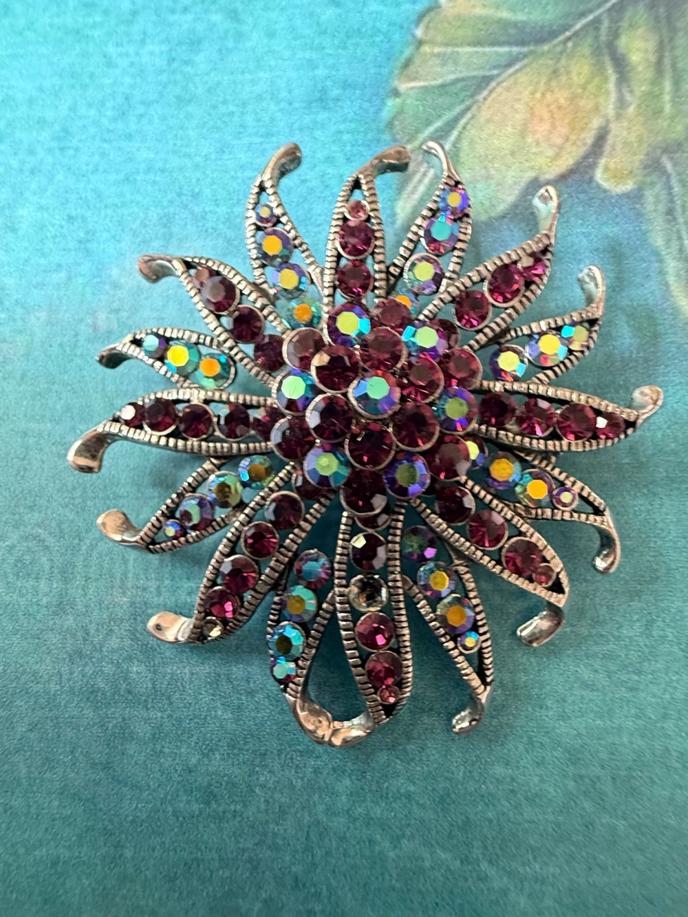 Purple Crystal Floral Burst Brooch